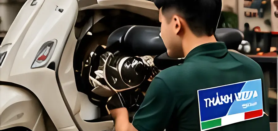 Kỹ thuật viên nghe tiếng máy và kiểm tra cụm nồi của một chiếc Vespa Primavera